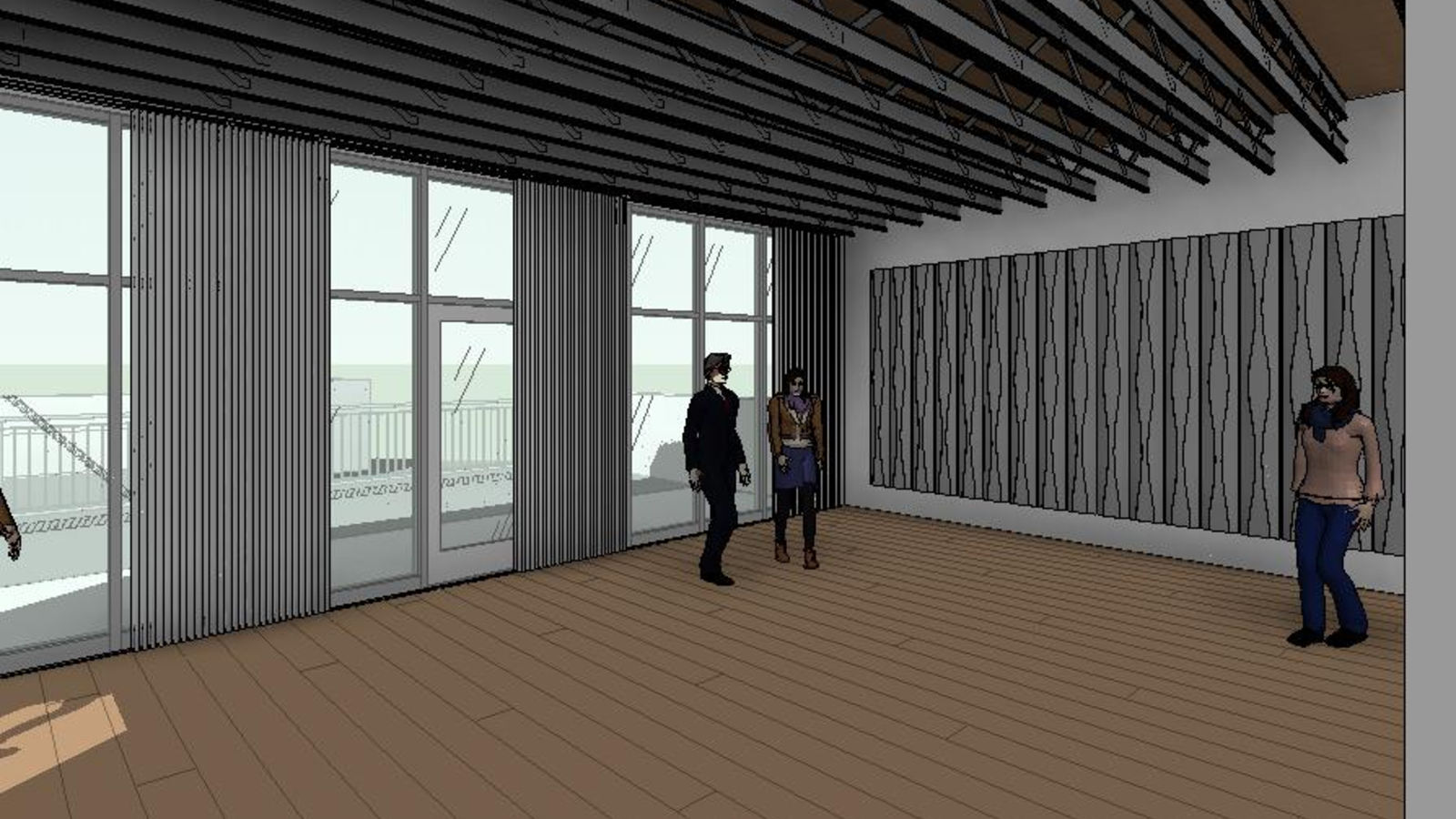 Interior rendering of an artist support space inside The Umbrella.